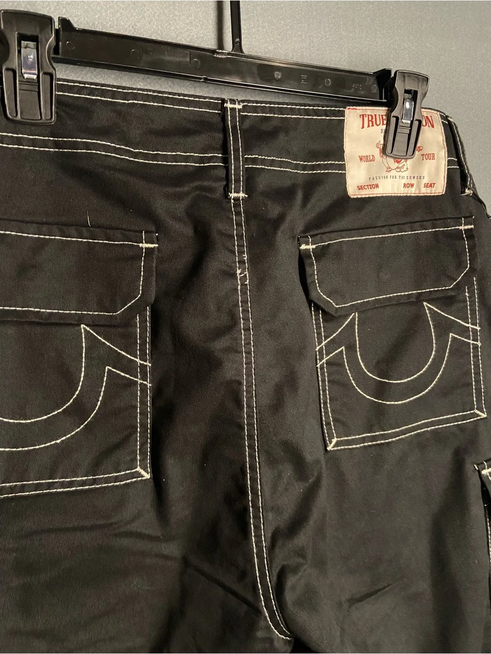 True Religion Men’s Black Cargo Pants with Contrast Stitching
